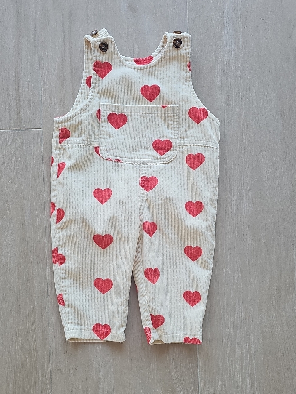 Cream Corduroy Overalls with Red Heart Print - Kids Bottoms